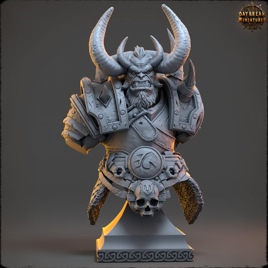 Torgash Nihi resin bust of a chaos warlord with giant horns and spiked armor, fantasy villain display model by D&K Custom Prints