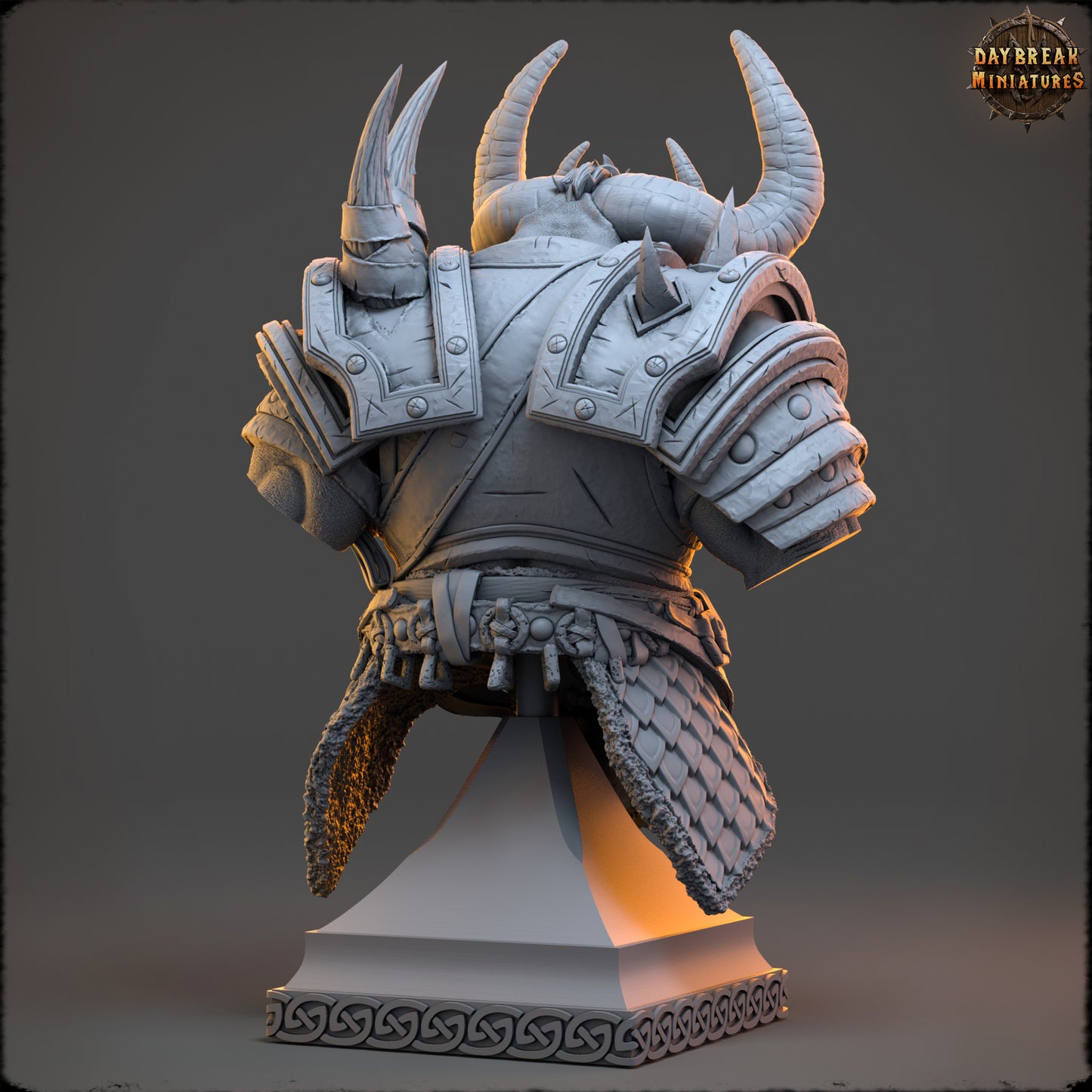 Torgash Nihi resin bust of a chaos warlord with giant horns and spiked armor, fantasy villain display model by D&K Custom Prints
