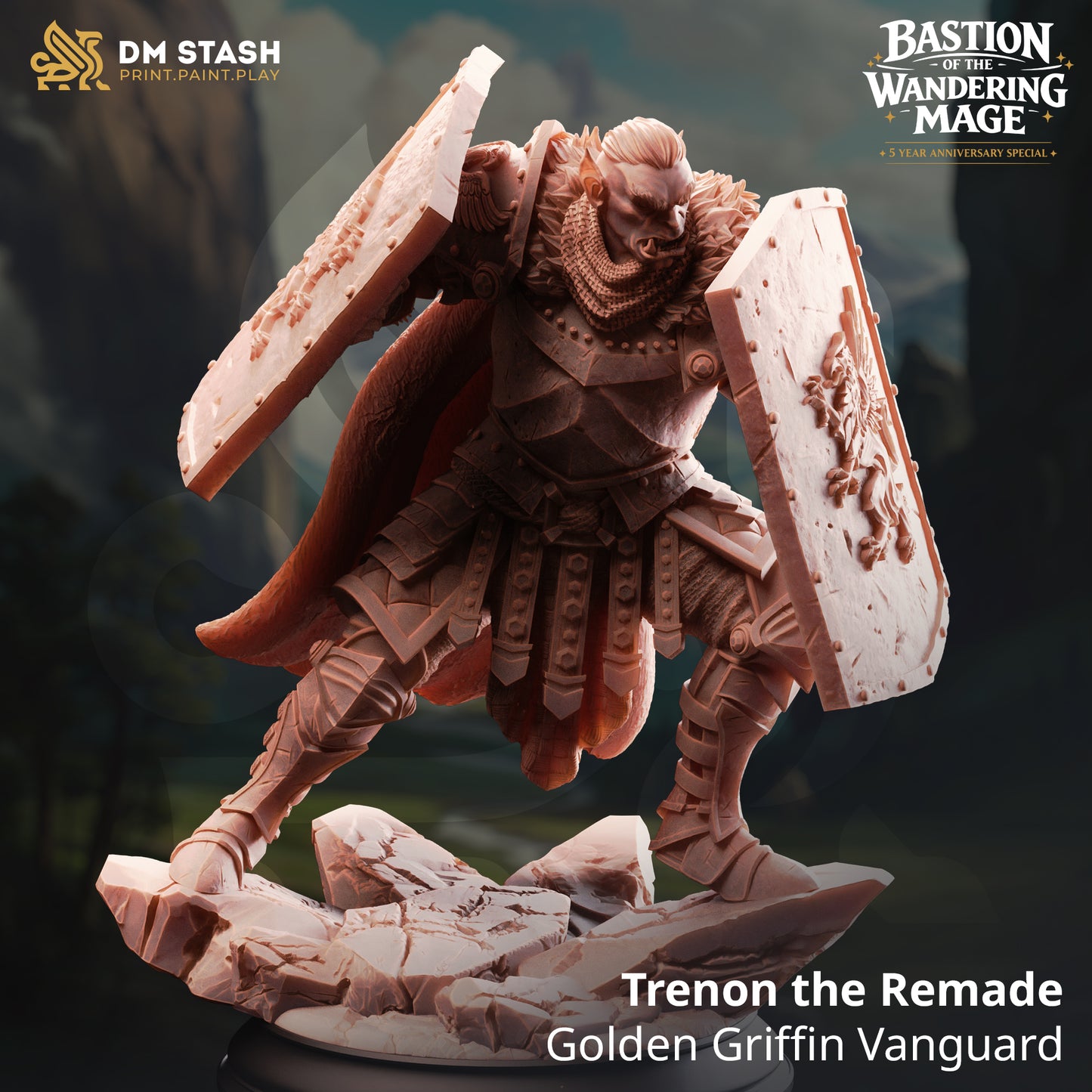 Trenon the Remade Golden Griffin Vanguard orc resin miniature by DM Stash holding a massive greatsword, printed by D&K Custom Prints.