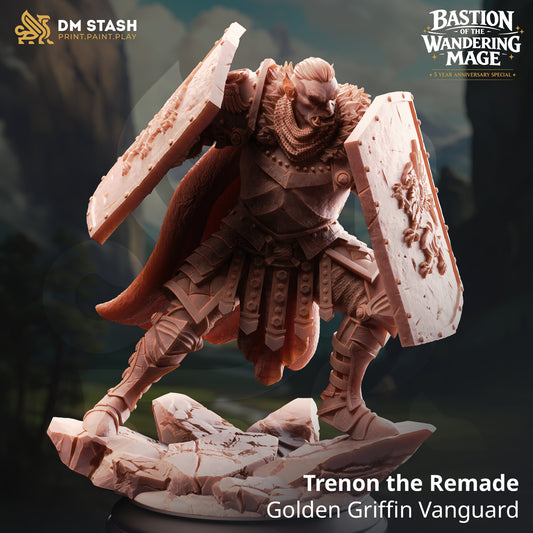 Trenon the Remade Golden Griffin Vanguard orc resin miniature by DM Stash holding a massive greatsword, printed by D&K Custom Prints.