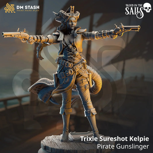 Trixie Sureshot Kelpie pirate tiefling gunslinger miniature for tabletop RPG D&D display painting