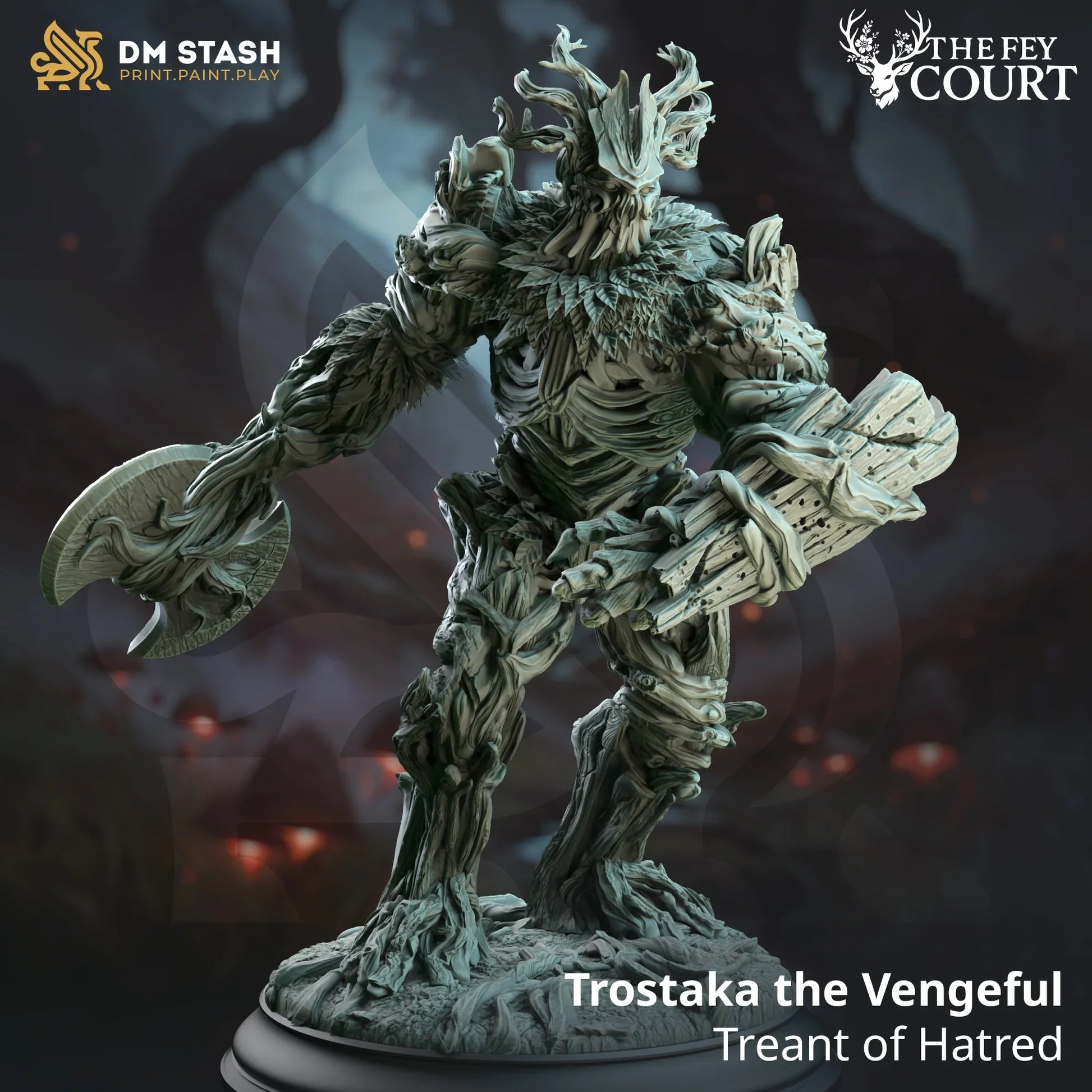 Trostaka the Vengeful treant miniature wielding wooden cleaver on forest base, corrupted forest guardian from The Fey Court