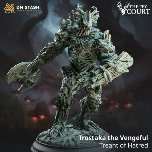 Trostaka the Vengeful treant miniature wielding wooden cleaver on forest base, corrupted forest guardian from The Fey Court