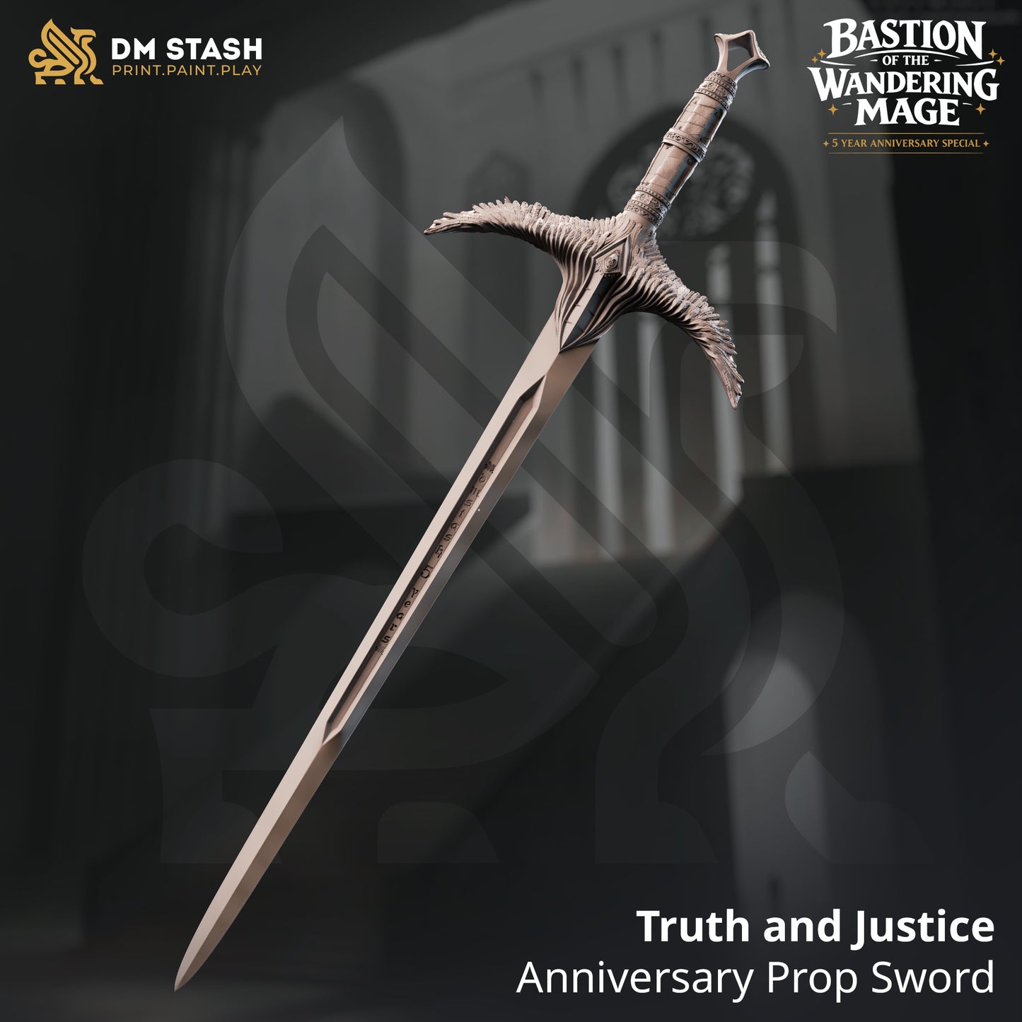 3D render of the DM Stash 5-Year Anniversary 'Truth and Justice' life-size prop sword showing winged crossguard and runes.