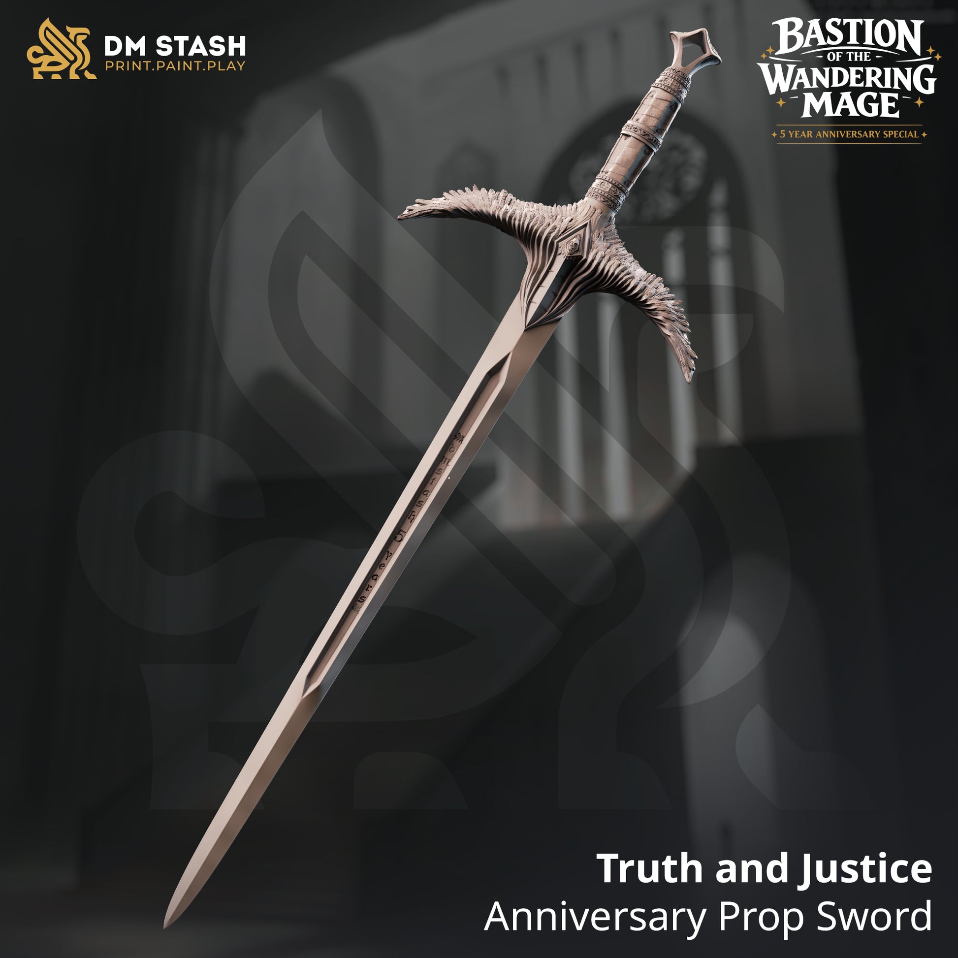 3D render of the DM Stash 5-Year Anniversary 'Truth and Justice' life-size prop sword showing winged crossguard and runes.