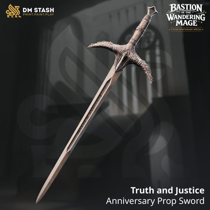 3D render of the DM Stash 5-Year Anniversary 'Truth and Justice' life-size prop sword showing winged crossguard and runes.