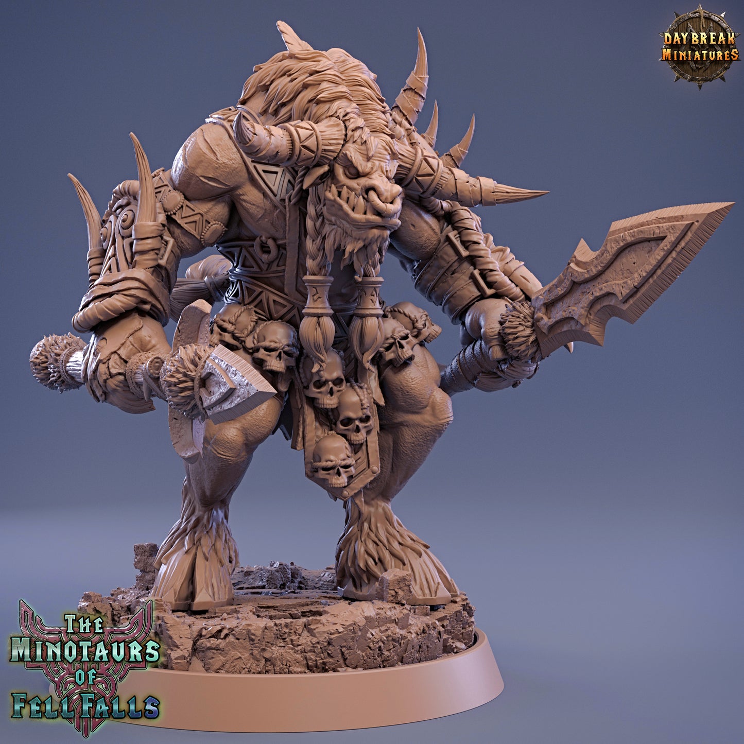 Minotaur figurine with armor and weapon on a gradient blue background, featuring 'Daybreak Miniatures' branding.
