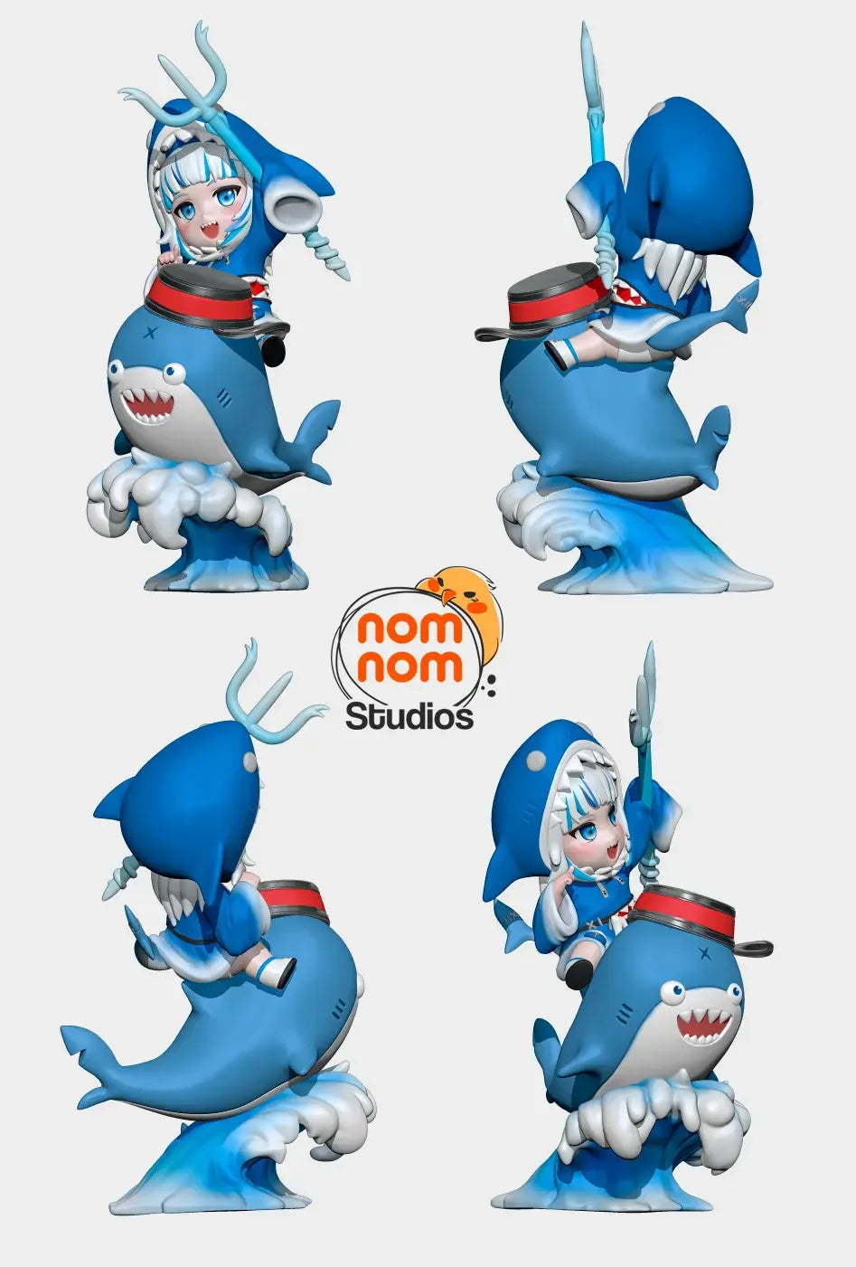 Chibi Gawr Gura showing 4 digital renders one of each side