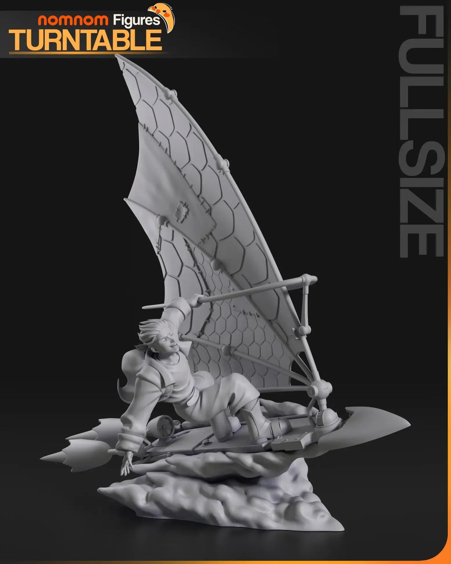 3D printed Jim Hawkins figure on rocket surfboard with hex sail, right side angle.