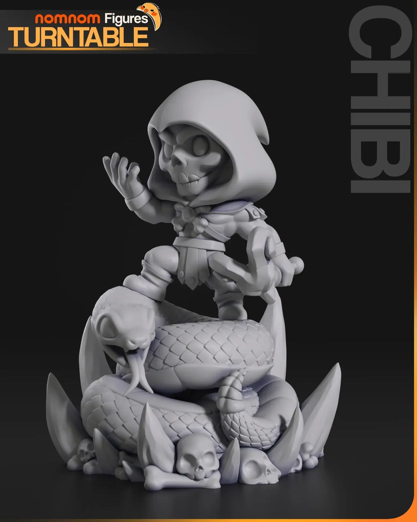 Gray resin Chibi Skeletor unpainted 3D print on snake throne