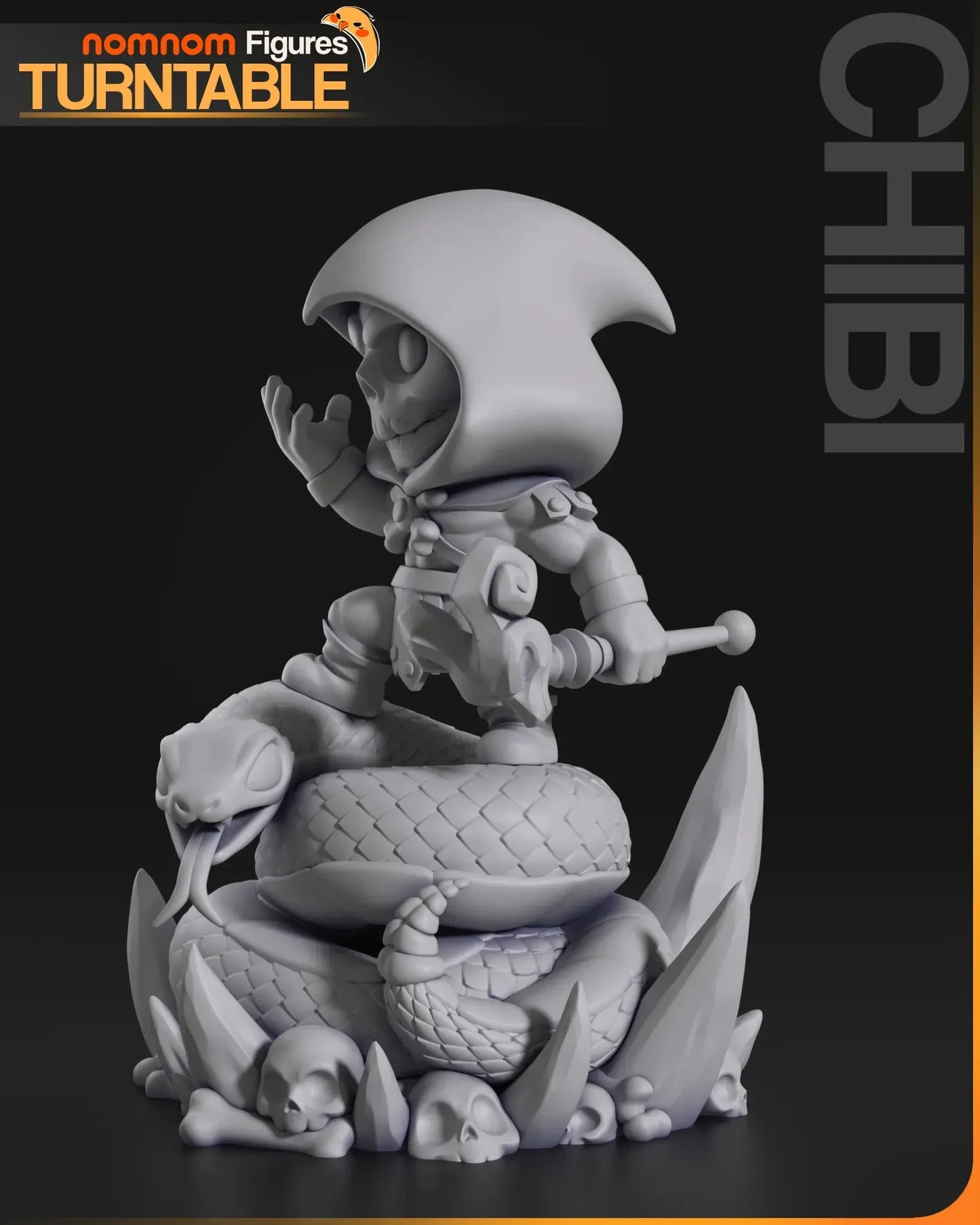 Gray resin Chibi Skeletor unpainted 3D print on snake throne side view