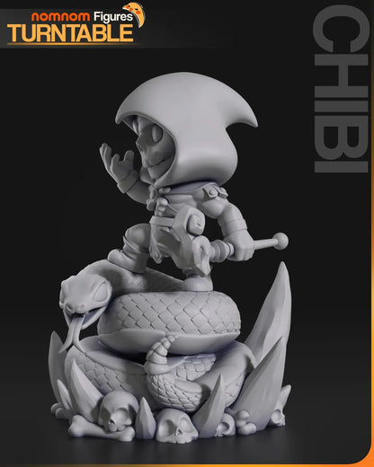 Gray resin Chibi Skeletor unpainted 3D print on snake throne side view