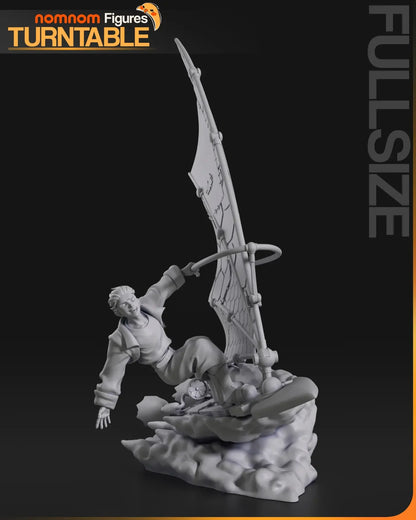3D printed Jim Hawkins figure on rocket surfboard with hex sail, front right angle.
