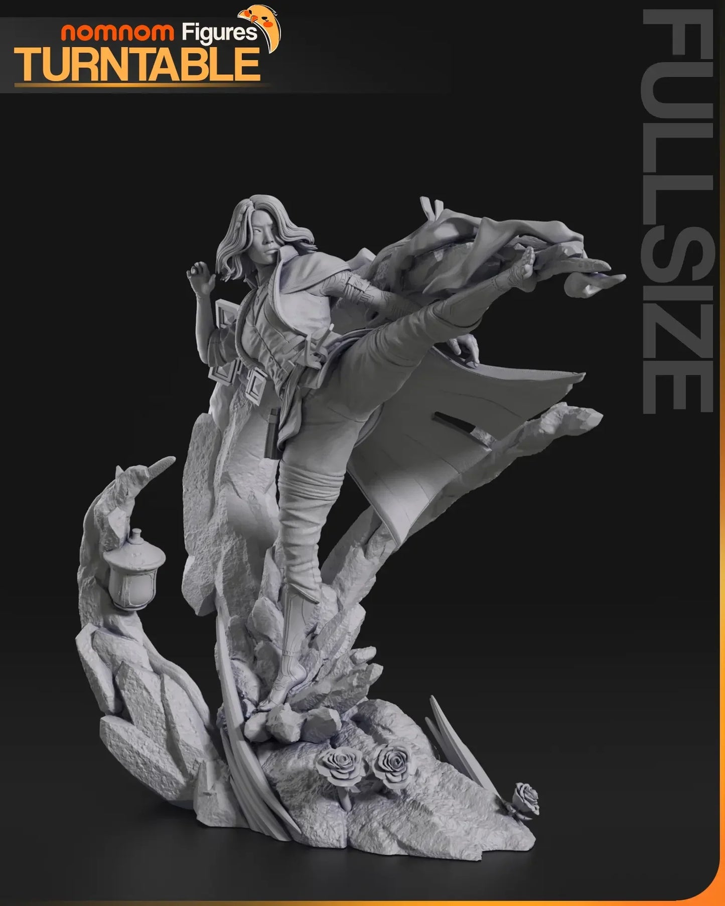 Side view of Lune statue showing kicking pose and flowing details