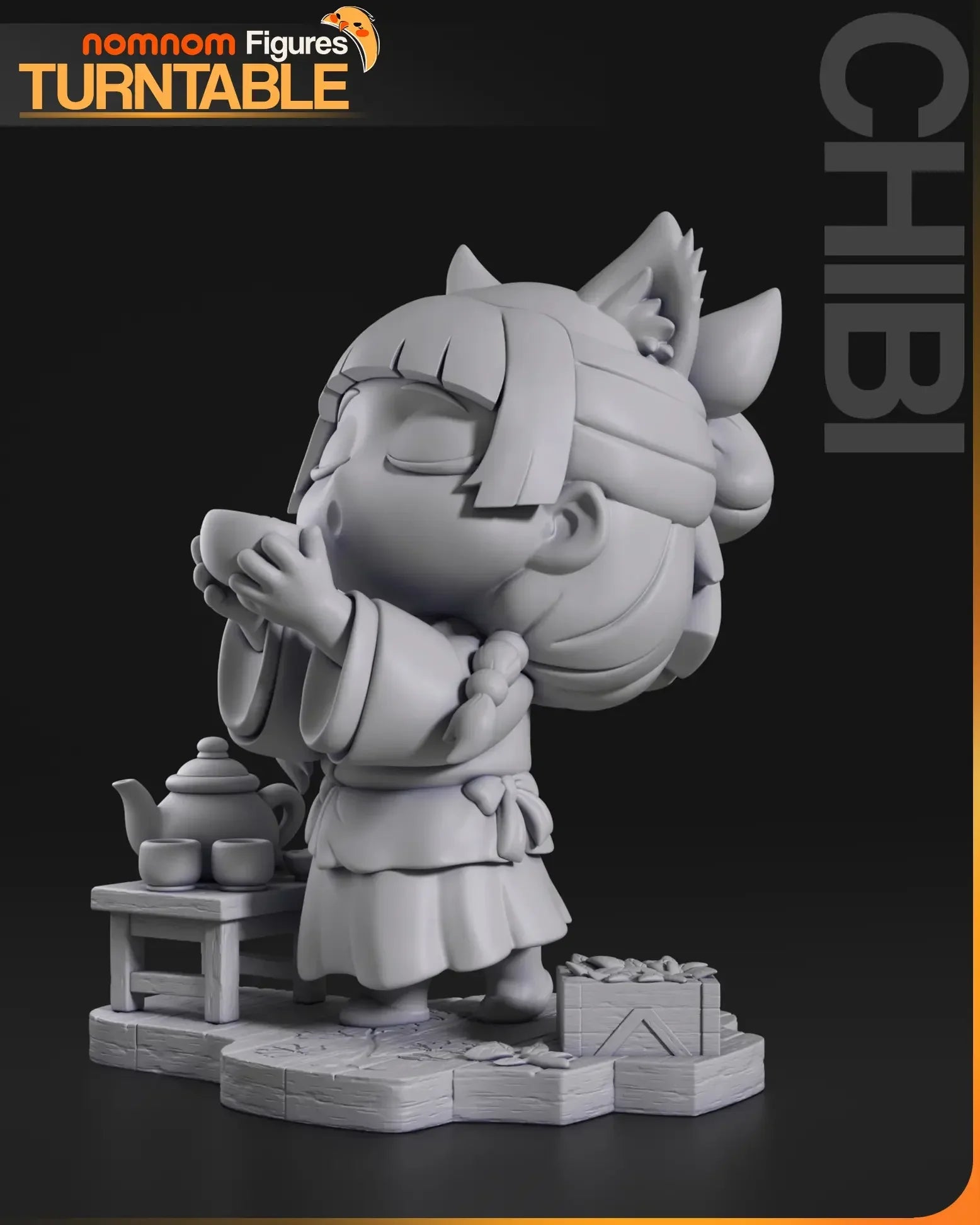 Gray resin unpainted Chibi Maomao front with tea set