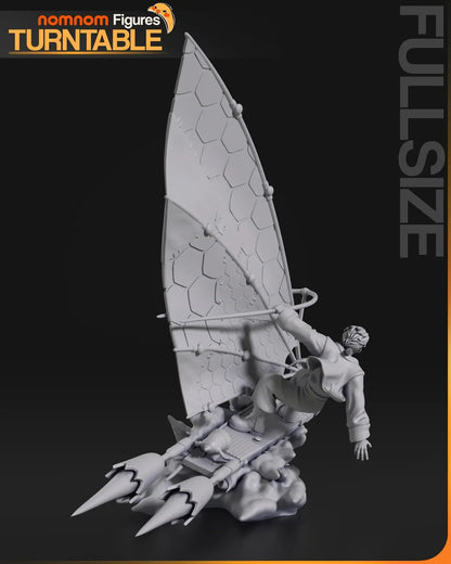 3D printed Jim Hawkins figure on rocket surfboard, rear engine view with extended sail.