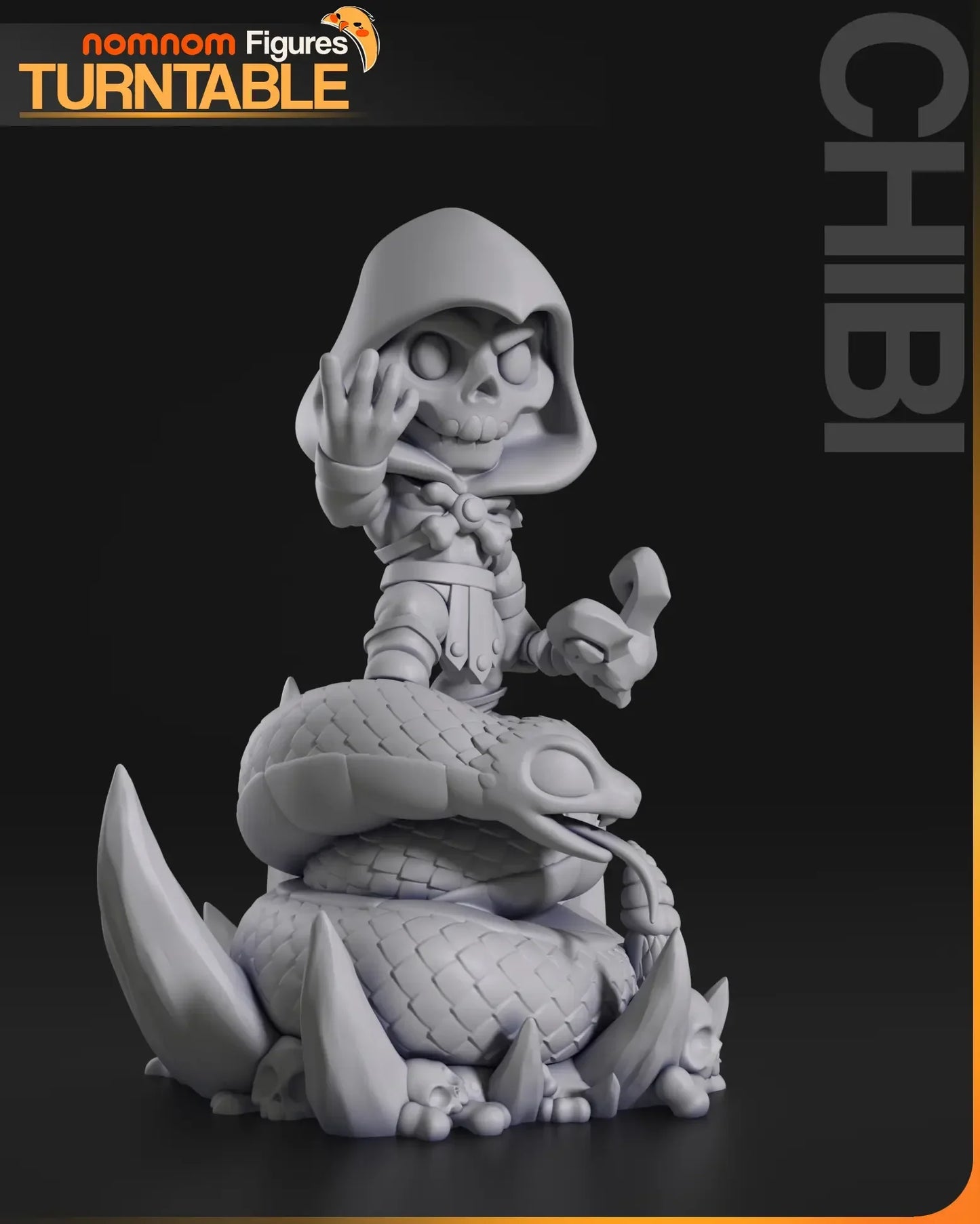 Gray resin Chibi Skeletor unpainted 3D print on snake throne front view