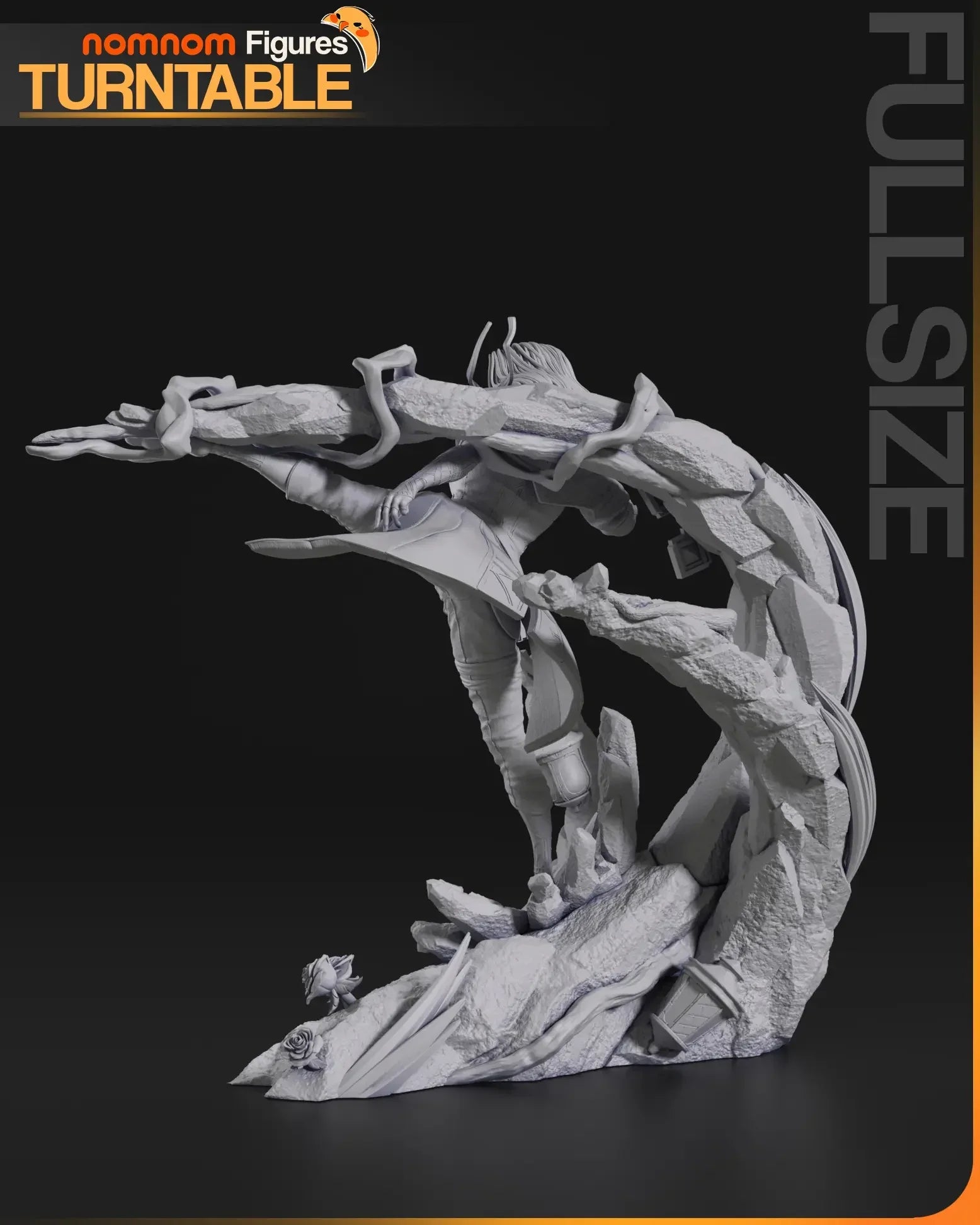 Rear angle of Lune diorama miniature on curved rock base