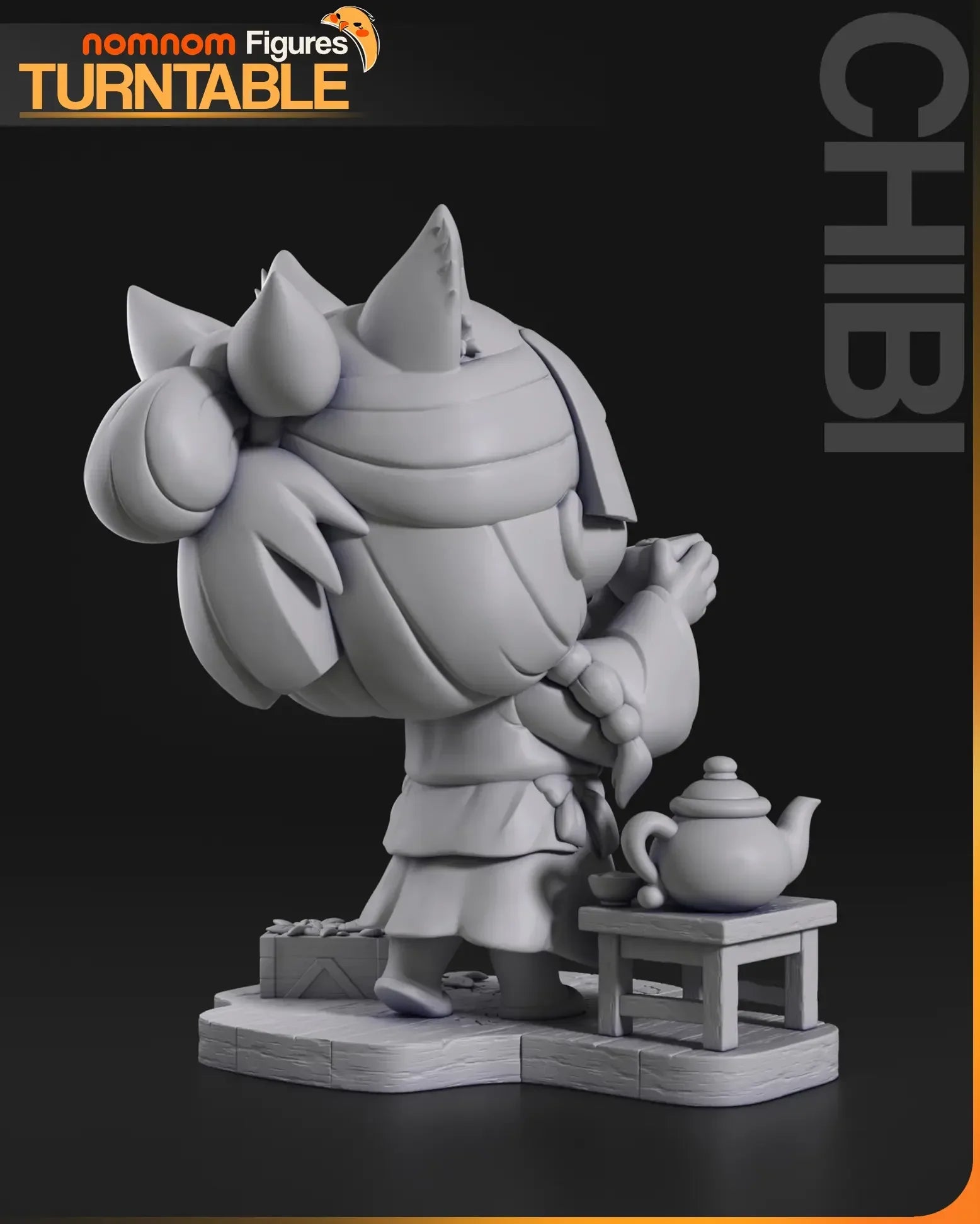 Gray resin Chibi Maomao back with tea set on table