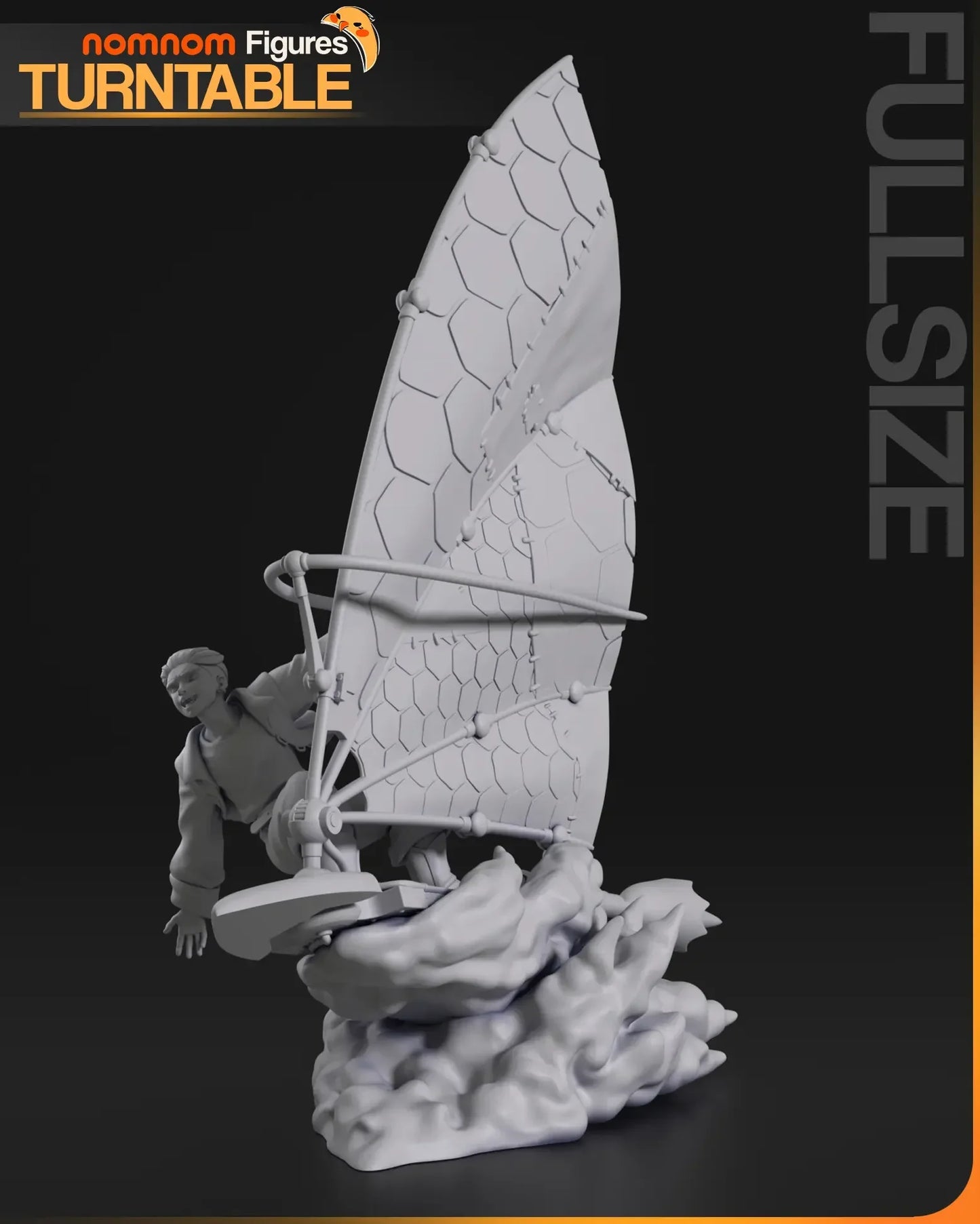3D printed Jim Hawkins figure on rocket surfboard with hex sail, front left view.