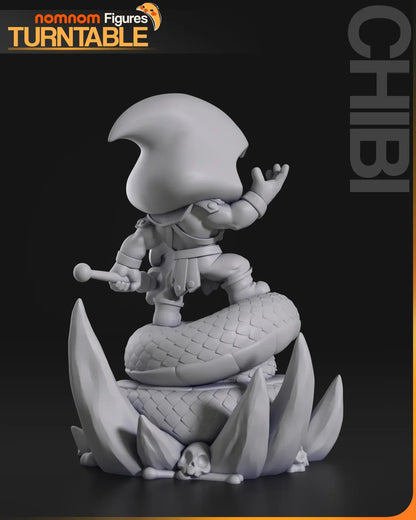 Digital render of Chibi Skeletor on snake throne rear view