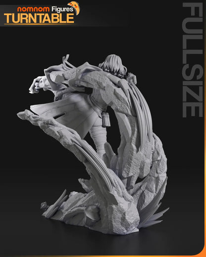 Back view of Lune figurine with swirling terrain and martial outfit