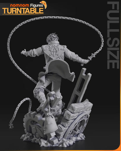 dynamic whip pose of Trevor Belmont in gray resin