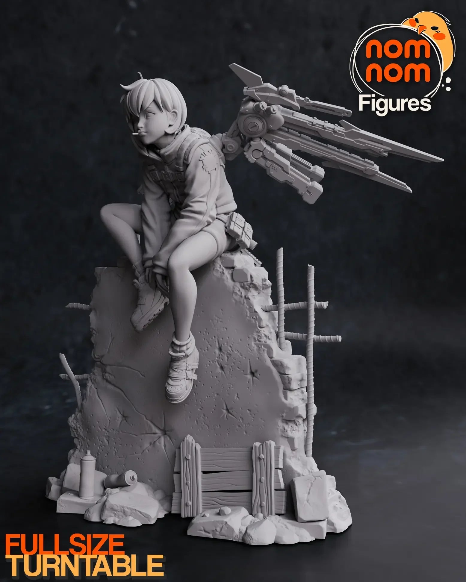 Front perspective of Valrie seated on wall with rebar and urban debris.