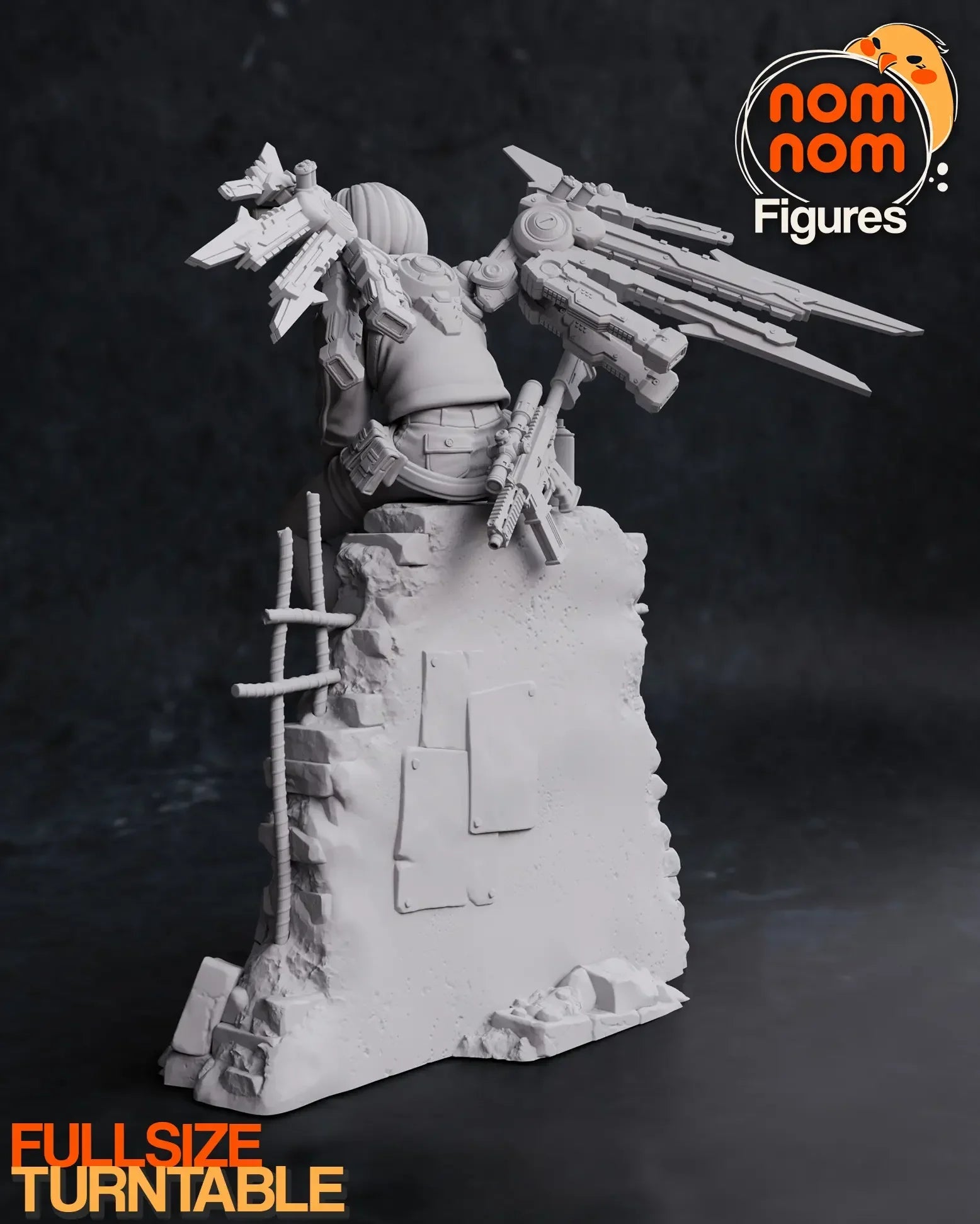 Back angle of Valrie on rubble diorama base with mechanical wing detail.