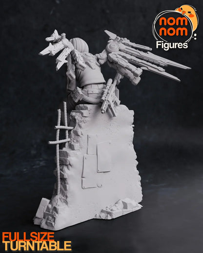 Back angle of Valrie on rubble diorama base with mechanical wing detail.