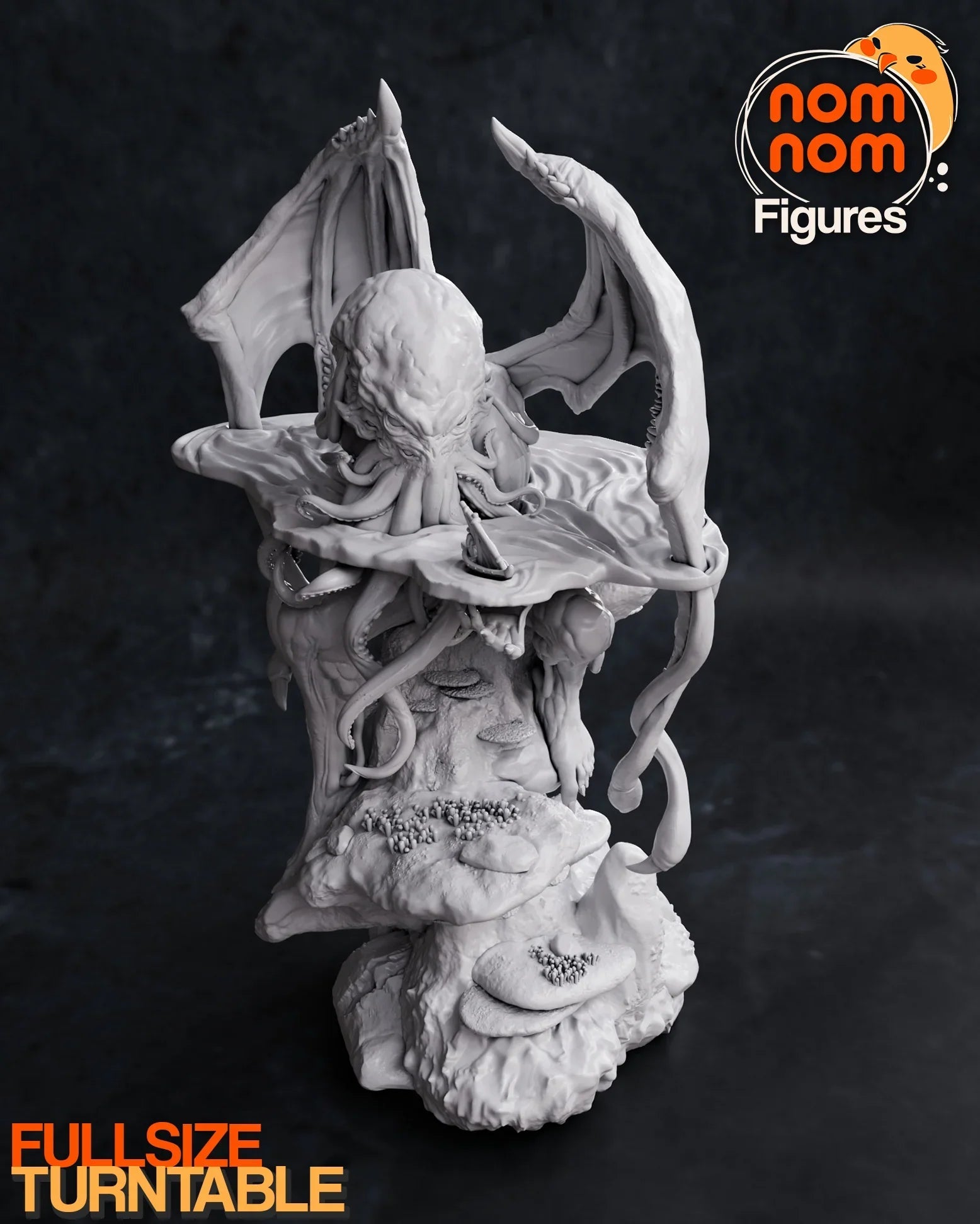 Cthulhu statue angled view showing tentacles and small boat