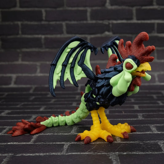 Colorful toy resembling a cockatrice on a dark brick background