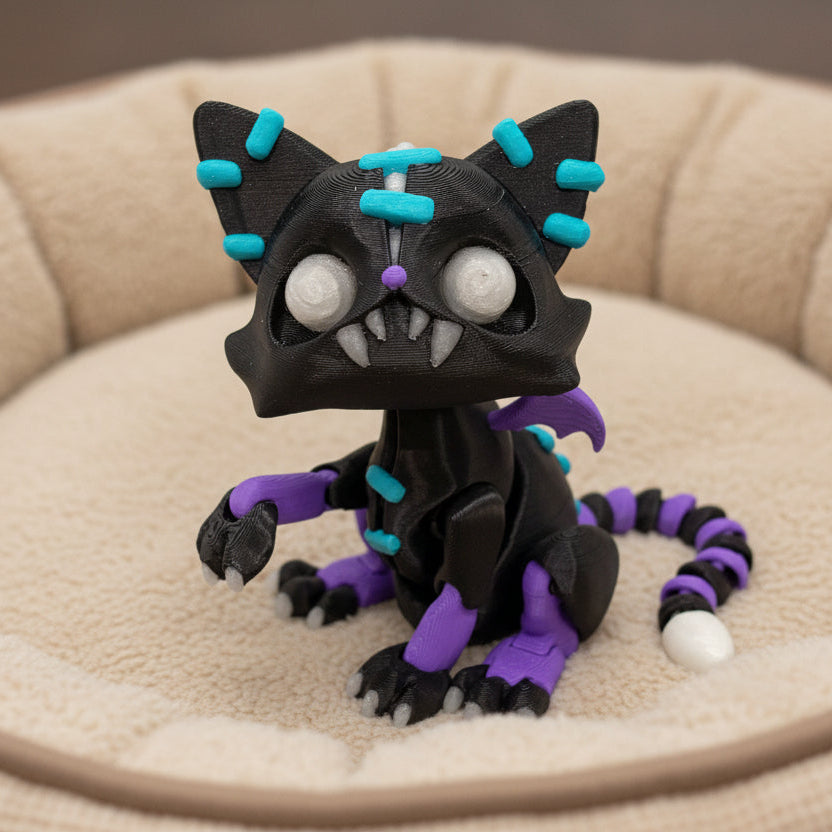 Articulated creepy kitty toy sitting on a beige plush cushion, featuring black body, purple accents, teal markings, segmented tail, and wide spooky eyes in a cozy indoor setting.