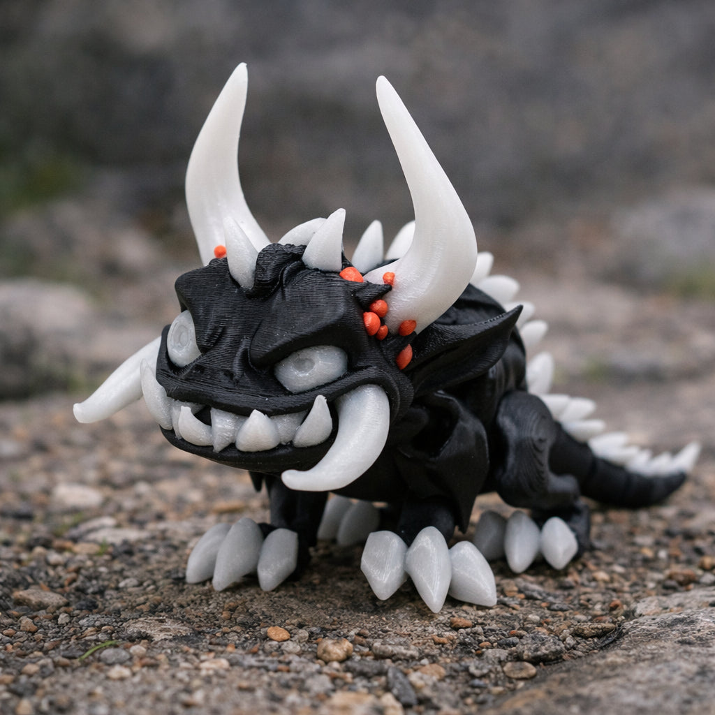 Articulated black Hodag toy with white curved horns, white teeth, white claws, and small red accent bumps on the head, posed on a rocky outdoor ground surface with a softly blurred gray stone background