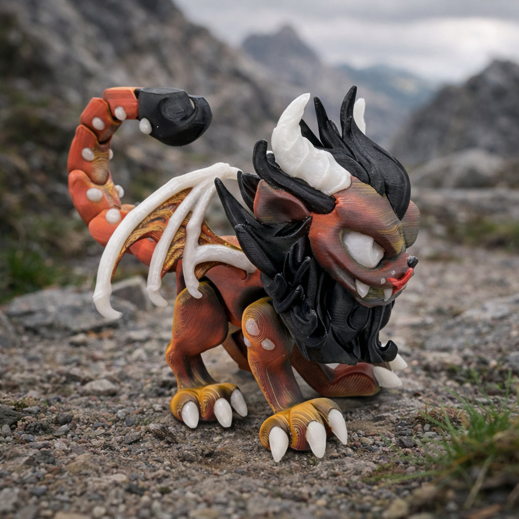 Articulated manticore toy posed on rocky ground outdoors, featuring a lion like body, black mane, curved horns, white claws, wings, and a segmented scorpion tail with a stinger, set against a blurred mountain landscape background.