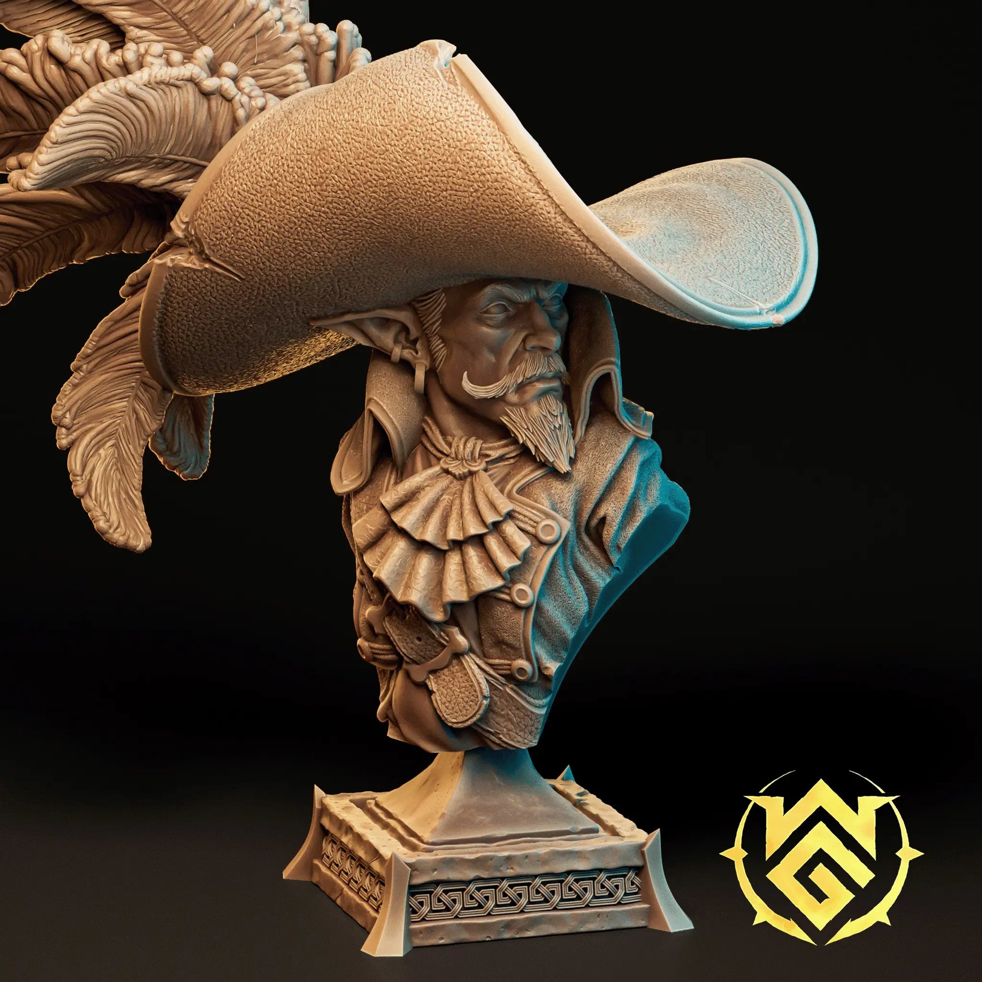 Tyrant Bartholomew detailed bust on pedestal base, showing textured hat, ruffled collar, and intense facial expression
