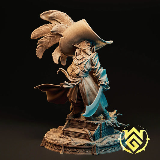 Tyrant Bartholomew pirate elf miniature in dramatic pose with large feathered hat and curved sword, 4x4 display figurine