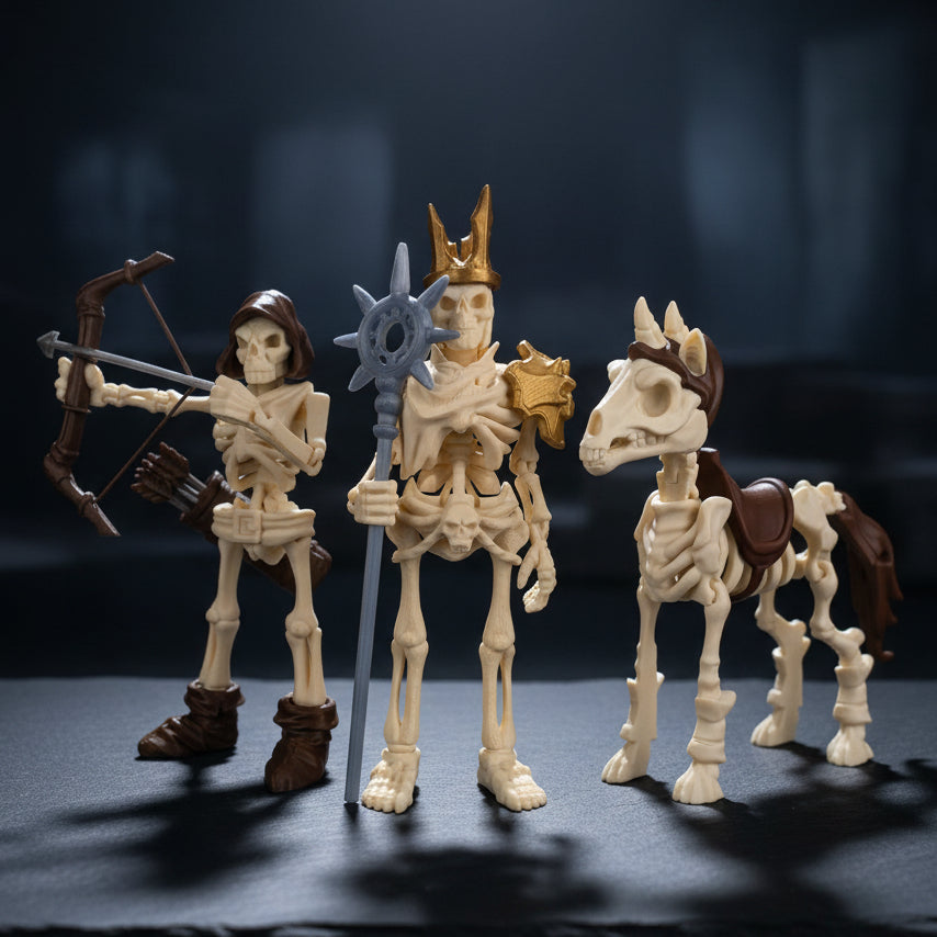 Three small skeleton toy figures posed on a dark surface: a bowcaster skeleton on the left, a crowned king skeleton in the center holding a grey staff, and a horse skeleton on the right with brown saddle and mane details.