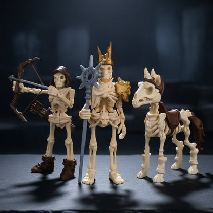 Three small skeleton toy figures posed on a dark surface: a bowcaster skeleton on the left, a crowned king skeleton in the center holding a grey staff, and a horse skeleton on the right with brown saddle and mane details.