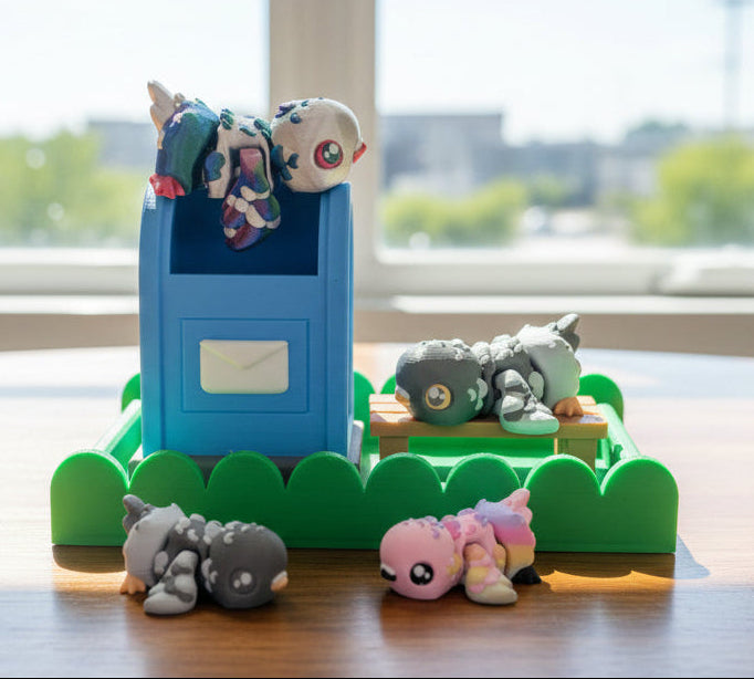 toy pigeons on a play set in front of a window