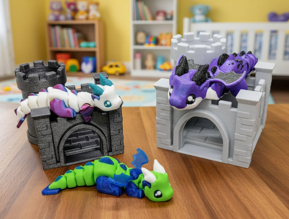 Toy dragons and castle set on a wooden floor with a child's room in the background