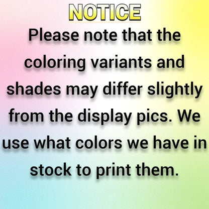 Notice sign stating color variants may differ slightly from product images and items are printed using available filament stock.