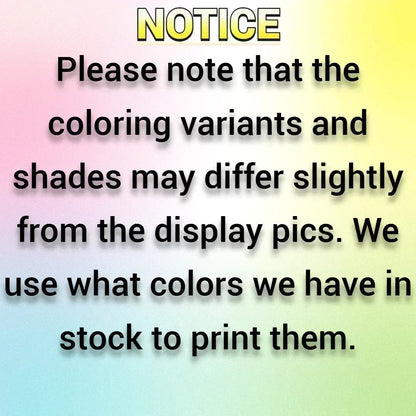 Notice sign stating color variants may differ slightly from product images and items are printed using available filament stock.