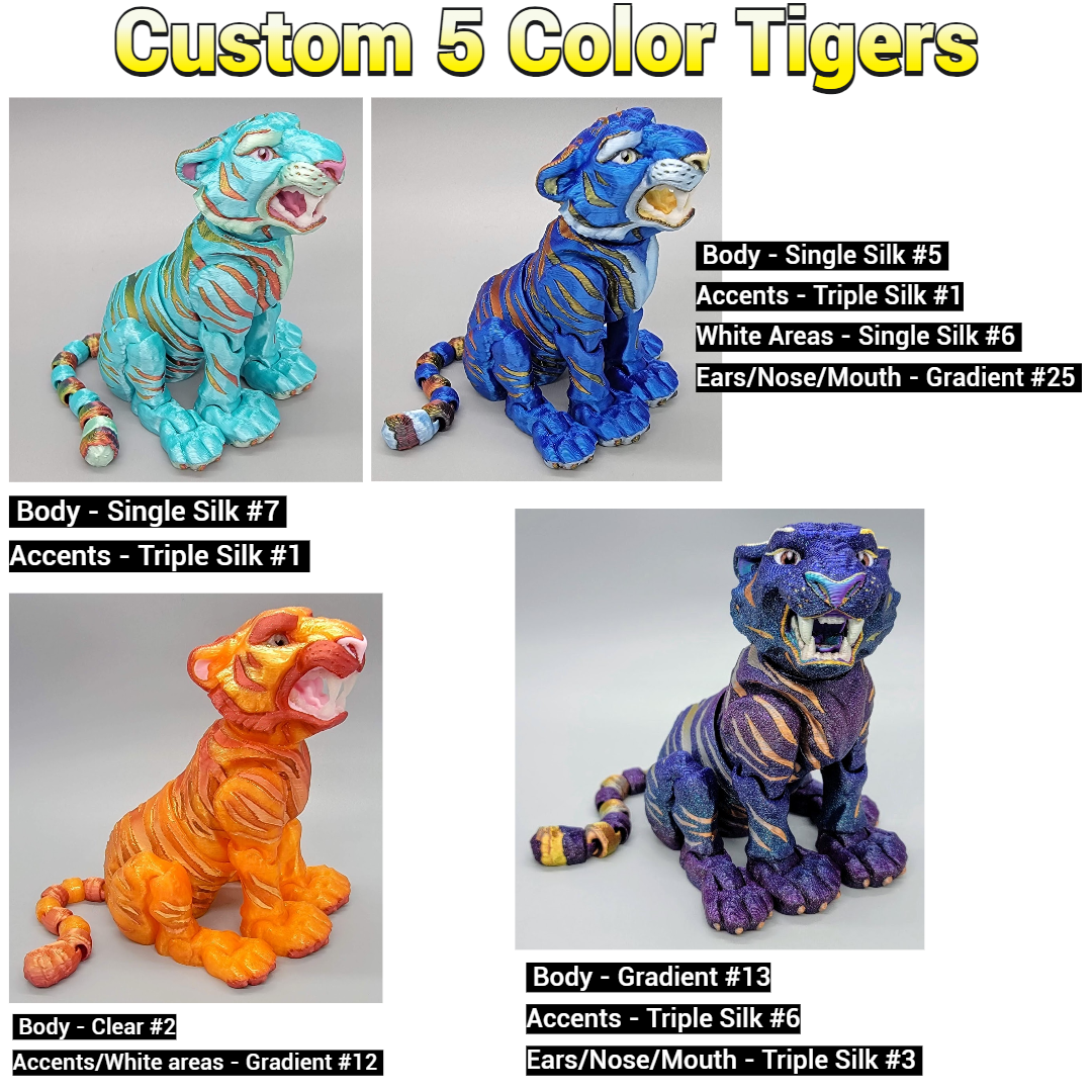 Custom Colors Tiger Toy, Figure, Fidget, 3D printed, (made to order), poseable, sensory, flexi