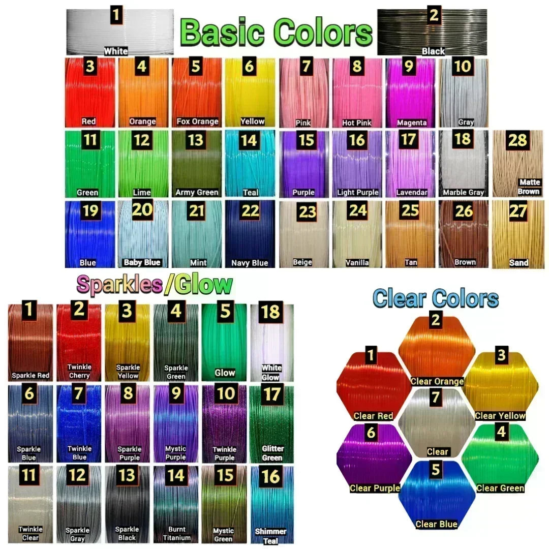 3D printer filament color chart featuring Basic, Sparkles/Glow, and Clear Color options – over 50 labeled swatches for custom prints.