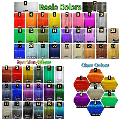 3D printer filament color chart featuring Basic, Sparkles/Glow, and Clear Color options – over 50 labeled swatches for custom prints.