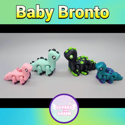 Colorful Baby Bronto dinosaur toys in pink, mint, black, and teal, 3D printed and poseable for sensory play or collectible fun.