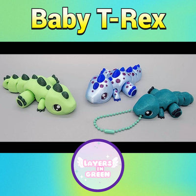 3 colorful Baby T-Rex articulated toys, available as keychains or sensory fidgets, 3D printed with movable joints.
