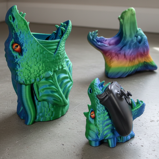 Dragon and Wolf head gaming controller and headphone holders on a gray floor