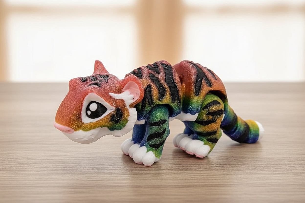 glitter rainbow mini tiger toy on a wooden surface